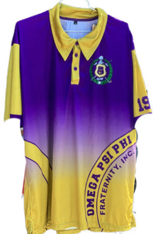  Omega Psi Phi polo shirt with gold fade at the bottom.